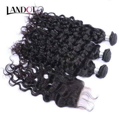 

8A Peruvian Virgin Hair Natural Water Wave With Closure 4 PcsLot Wet And Wavy Curly Human Hair Weaves 3 Bundles And Lace Closures
