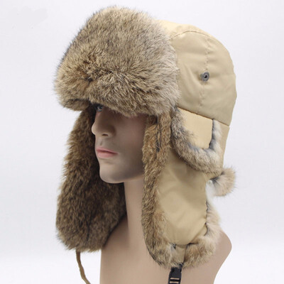 

Bomber Trapper Hats Thick Winter Warm Rabbit Fur Hat Rex Snow Caps Ear Flap Caps ushanka Russian For Men