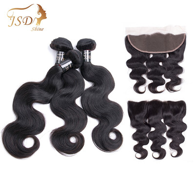 

JSDshine 3 Bundle Human Hair Weaving Body Wave with Lace Frontal Closure with Body Wave Hair Natural Black Virgin Indian Soft Hair