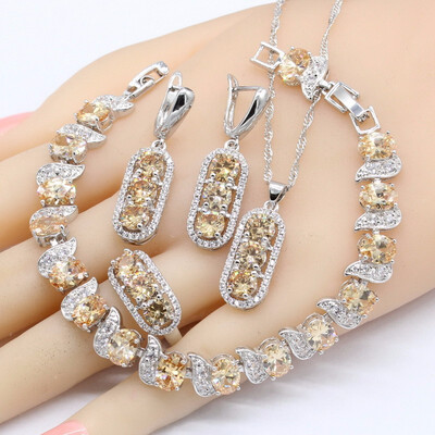 

2018 New 925 Silver Stamped Bridal Jewelry Sets Women Blue Crystal Orange Zirconia Necklace Pendant Earrings Ring Bracelet