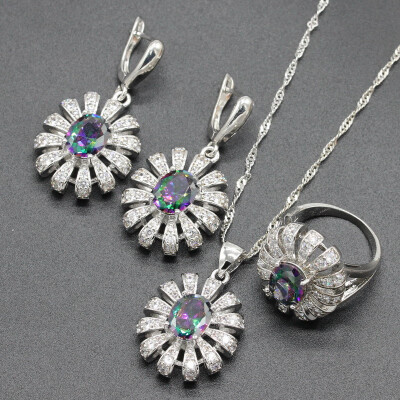 

Trendy White Stone Silver Plated Jewelry Sets for Women Choker Pendant Drop Earrings Ring Six Colors Available Free Jewelry Box