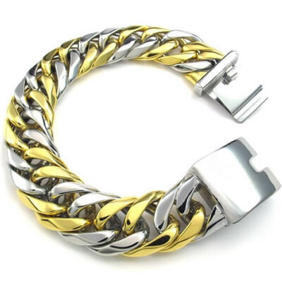 

Hpolw Mens silver&golden Stainless Steel Bolt buttoned Bracelet&Biker Heavy Wide Links spiral type Bangle