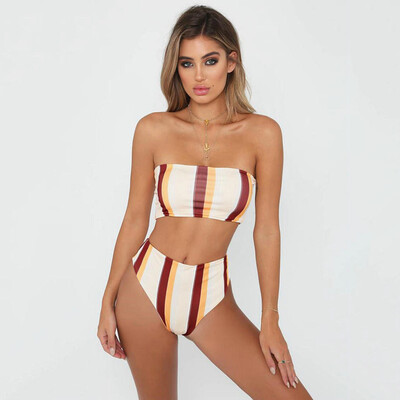 

New Push Up Bikini Woman Swimsuit Solid Sports Swimwear High Waist Vintage Striped Bikini Set 2