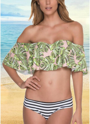 

2018 Off the Shoulder Ruffles Striped Leaf Print Bathing Bikini Set