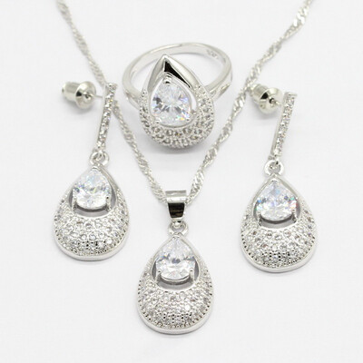 

925 Silver Bridal Jewelry Sets For Women 7 Colors Necklace Pendant Long Earrings Rings Free Gift Box