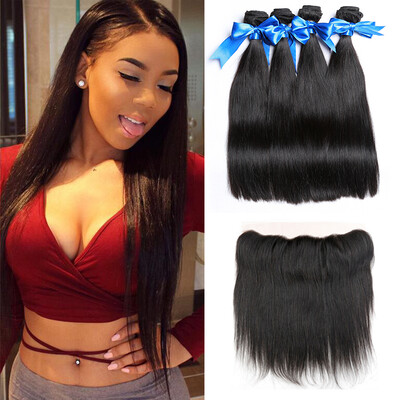 

WYF Brazilian Virgin Straight Hair 4 Bundles with Lace Frontal 100 Human Straight Hair