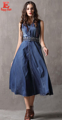 

M L vintage new summer 2018 long jeans dress women sleeveless blue cotton denim V neck slim A line mid calf elegant lady belt