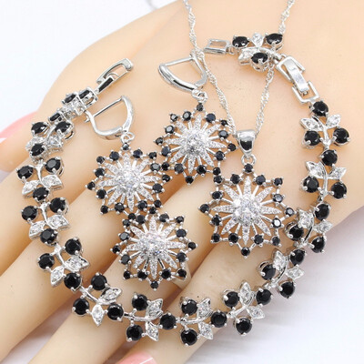 

Black White Zirconia 925 Silver Jewelry Sets For Women Earrings Bracelet Rings Necklace Pendant