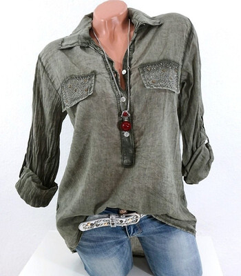 

New Womens Fashion Long Sleeve Lapel Pure Color Casual Loose Blouse