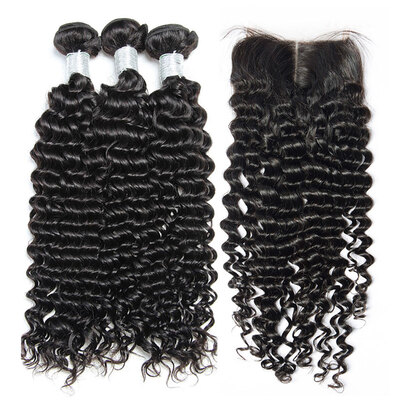 

8A Cambodian Curly Virgin Hair With Closure 4 Pcs Lot Cambodian Remy Human Hair Weaves 3 Bundles And Lace Closures Natural Black