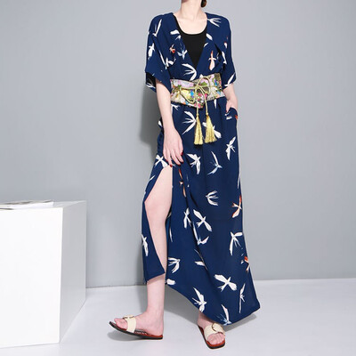 

chest 84-92cm new summer vintage 2018 long maxi dress women batwing short sleeve bird print chiffon blue black