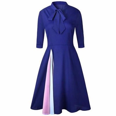 

Office Lady Dress Women Elegant Vintage Style Evening Party Dresses Women Half Sleeves Stand Neck Business Bowknot Vestidos