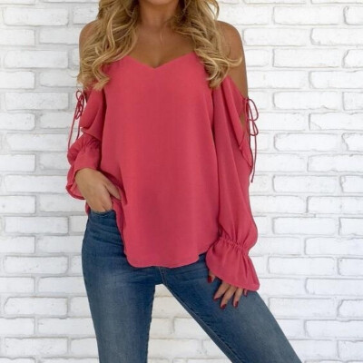 

2018 Spring&Summer Women Sexy Deep V-Neck Shirt Casual Long Sleeve Top Ladies Fashion Loose T-Shirts Off Shoulder Chiffon