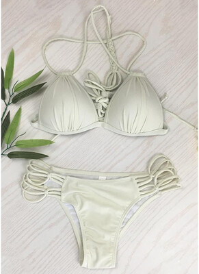 

2018 Women Solid Triangle Lace Up Bandage Strappy Braided Padded Backless Bikini Set