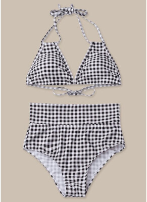 

2018 Women Plaid Swimsuit Set High Waist Backless Two Pieces Bikini Swimwear