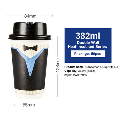 

OTOR 382ml Paper Cups for Milk Tea Coffee Thickened Double Wall Heat-Insulated Cup with Cover Party Anniversary Cup 50pcs
