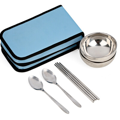 

Kelipi portable green tableware set outdoor camping travel tableware stainless steel spoon chopsticks bowl six-piece rectangular bag blue KLB1126