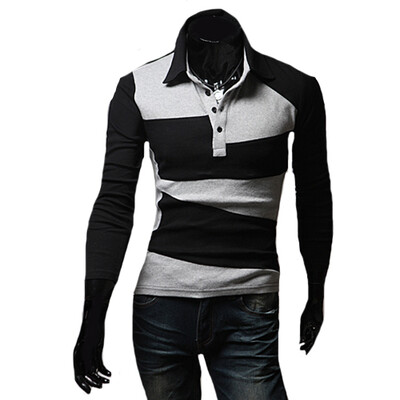 

CT&HF Men Fashion Leisure T-Shirt Contracted Temperament Tops Pure Cotton Splicing Lapel Silm T-Shirt Autumn Elegant T-Shirt