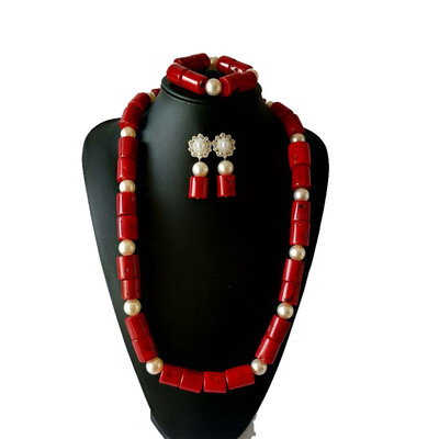 

Fashion Red True Coral Necklace Earrings Bangle Set African Jewelry Set Luxury Brand Nigerian Wedding Women Costume Jewelry