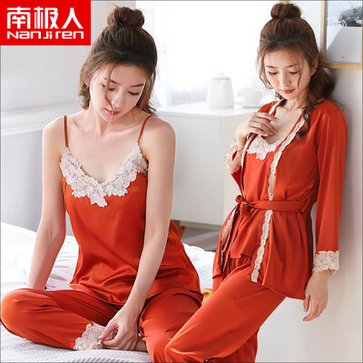 

Antarctic Pajamas Women Summer 3 Piece Long Sleeve Sexy Imitation Silk Princess Sweet Ice Silk Sling Pajamas Korean Lace Home Service Orange M