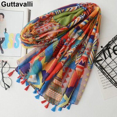 

Guttavalli Women Shine Геометрические хлопковые кисточки Длинный шаль Женский мягкий патч-дизайн Обертывания Chevron Sunscreen Stripes Scarves