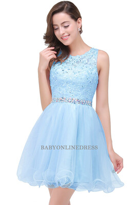 

New Arrival Beaded Homecoming Dresses Scoop Neck Soft Tulle Party Dresses Mini Dress Lace Graduation Dresses
