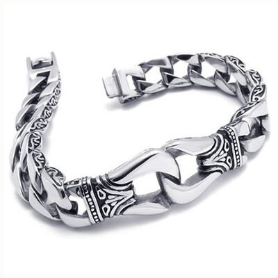 

Hpolw Stainless Steel Biker Mens Bracelet Silver&Black