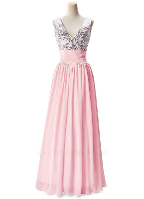 

New Arrival V Neck Sequined Chiffon Long Prom Dresses Sleeveless Formal Party Evening Bridesmaid Dresses