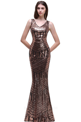 

MisShow Sexy Long Sequin Evening Dress 2018 Pink Red V Neck Evening Gowns Sleeveless Sheer Back Prom Party Formal Dresses