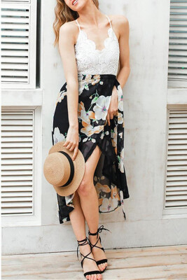 

Crochet Lace Floral Chiffon Spaghetti Strap Cross Over Sleeveless Backless One-Piece Dress Homecoming Dress