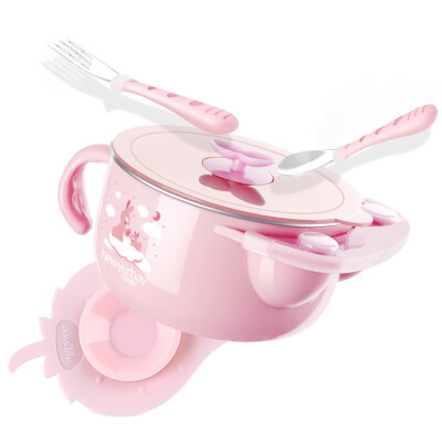 

New Zealand childrens tableware newborn baby stainless steel water insulation bowl baby food bowl spoon pink 3 sets