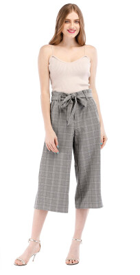 

Women Hight Waist Capri Wide Leg Pants Plaid Pattern Palazzo Cropped Trousers