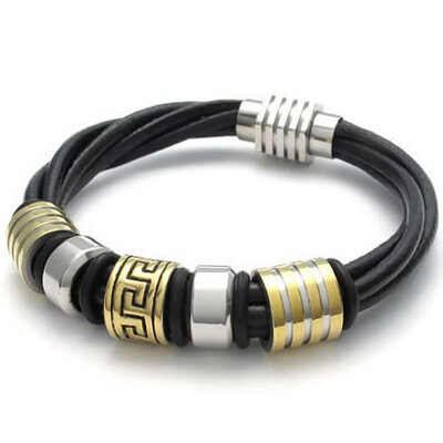 

Hpolw Leather Mens Bracelet Magnetic Stainless Steel Clasp, Gold Black Silver - 8", 8.5", 9"