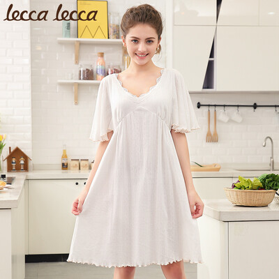 

Lecca lecca nightdress female spring&autumn V tie chest pad lotus leaf sleeve skirt pajamas female sweet home service LC182MB-WL329 beige s