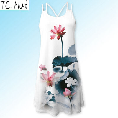 

Summer Dress Women Feather Print Vintage 3D Dress Sleeveless Boho Style Short Beach Dress 6 colors