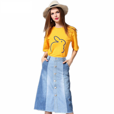 

2018 New Womens Cartoon Rabbit Embroidery T-shirt Contrast Color Slit Denim Women Skirt Two Pieces Suits