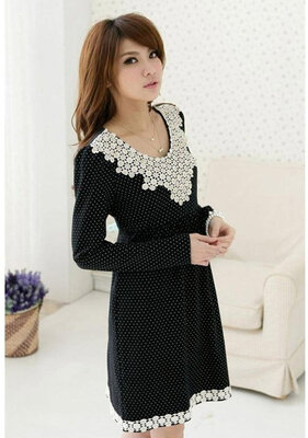

Korean Autumn Winter Polka Dots Patchwork Lace Maternity Dresses Casual Long Sleeve Clothes for pregnant women