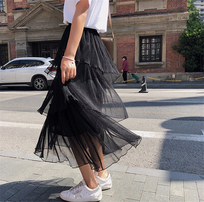 

Elastic Waist Mesh Patchwork Ruffles Midi Skirts Women Elegant Cascading Irregular Design White High Waist Party Skirts