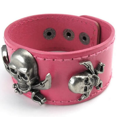 

Hpolw Wide Leather Pirate Skull Bangle Womens Cuff Bracelet, Fits 7" to 8", Pink Brown