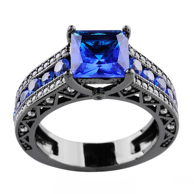 

Aiyaya 18kt Black Gold Plated Blue Sapphire Cushion Cut Round 4 Prog 2 Rings Set Midi Rings For Wedding