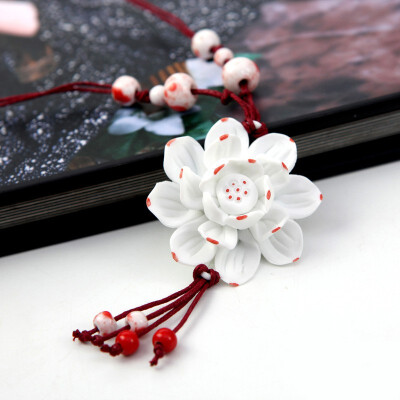 

Life love Vintage Lotus Flower Pendant Necklace Sweater Chain Dress accessories Ceramic Chinese Style Handicraft Souvenir