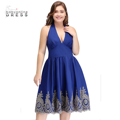 

Plus Size Halter A-line Prom Dresses Appliques Sleeveless Mini Homecoming Dresses