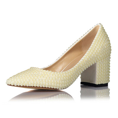 

Creamy-white pearl pointed-toe middle heel shoes Ladies wedding shoes