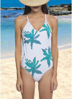 

2018 Leaf Print Bandage Backless One Piece Swimsuit