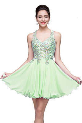

2018 A-line Sweetheart Short Sleeveless Chiffon Prom Dresses with Crystal Beads