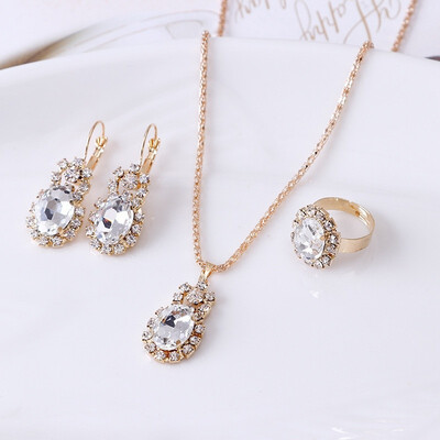 

3 Piece Sets Exquisite Poetic Jewelry Set Diamond Earring Ring Necklace Daisy Romantic Wedding Set
