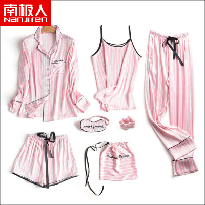 

Antarctic Nanjiren pajamas womens seven-piece spring long-sleeved shorts sexy sling imitation silk home service suit ice silk pajamas women autumn pink stripes