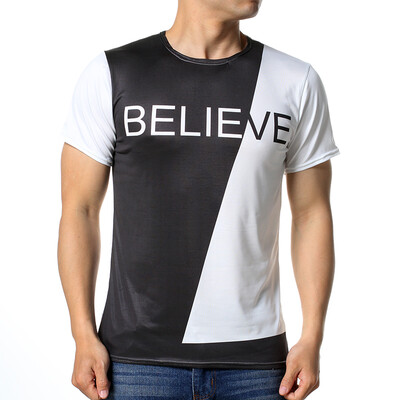 

Mens Short Sleeve Round Neck Pullover Stitching Color T-Shirt