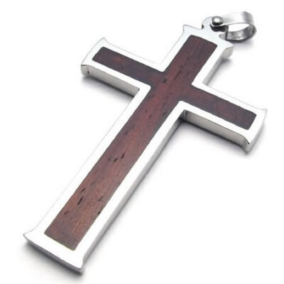 

Hpolw High Quality Men's Jewelry Silver&Brown Stainless Steel Wood Grain Cross Necklace Pendant 18-26 inch Chain