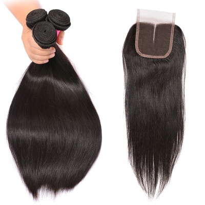 

BHF Hair 100 Remy Hair Bundles With Closure Straight Brazilian Virgin Hair 4 PcsLot Natural Black